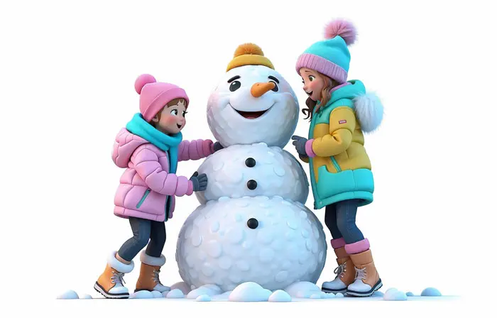 Cute Smiling Girls in Winter Playing with a Snowman 3D Illustration